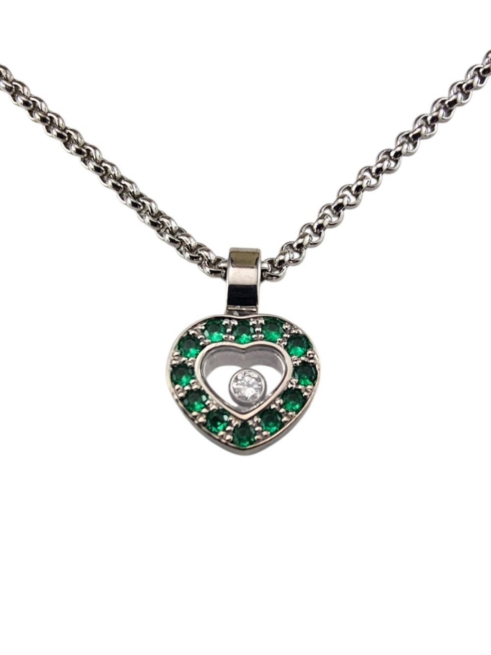 Chopard 18K White Gold Emerald & Diamond Heart Pendant Necklace w/COA #24782